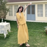 黄色减龄套装裙女夏季2025新款韩版设计感马甲T恤半身裙三件套潮，女装连衣裙，浙宝152