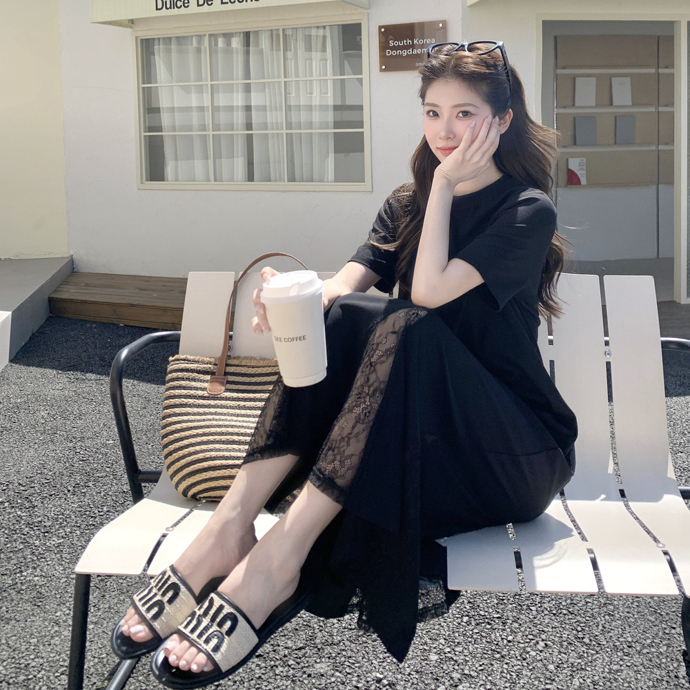 法式高级感黑色蕾丝拼接短袖连衣裙女2025夏季新款气质显瘦鱼尾裙,女装连衣裙,浙宝152
