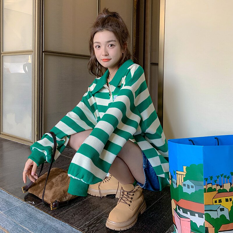 学院风polo领卫衣女2025新款春秋oversize落肩绿色条纹上衣ins潮图片