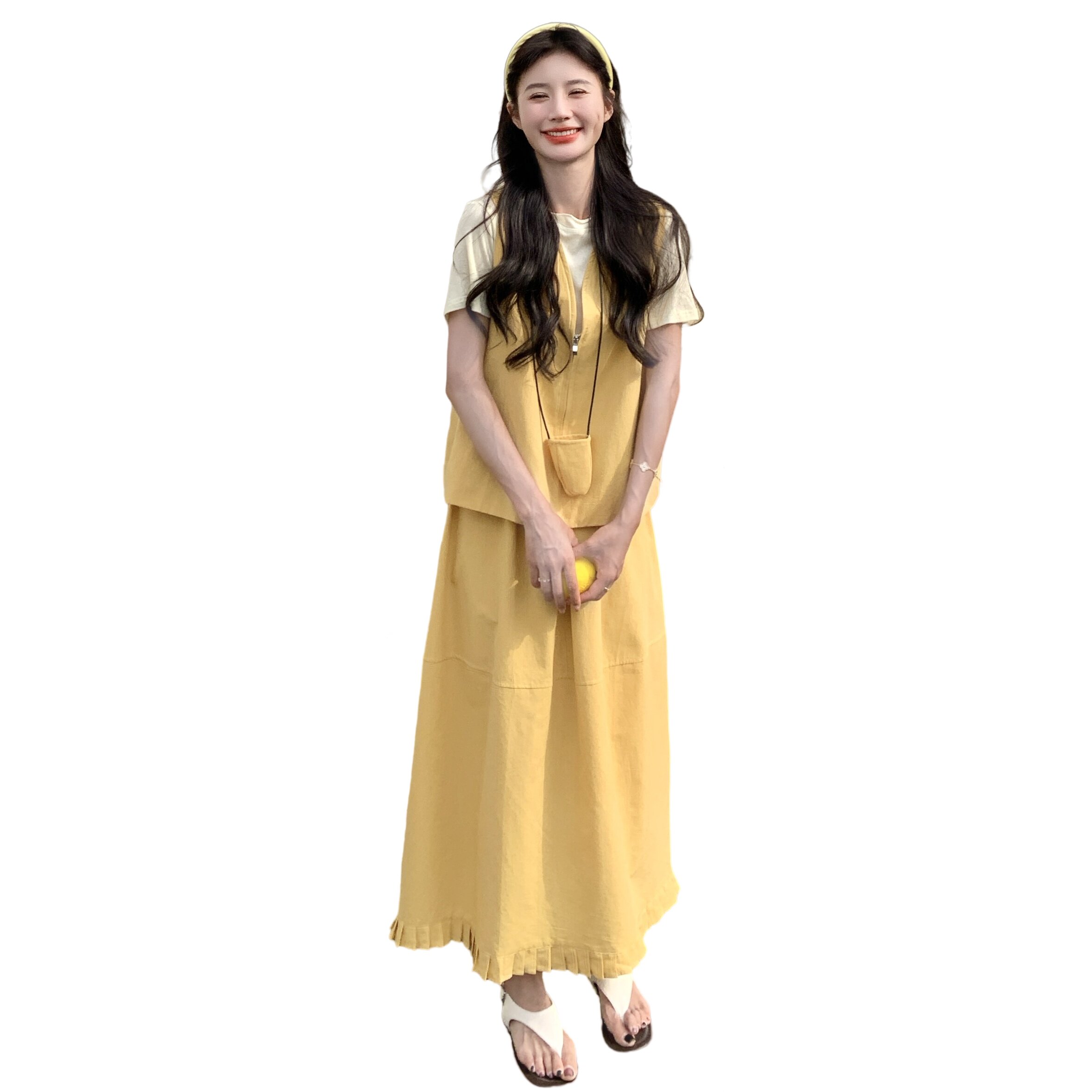 黄色减龄套装裙女夏季2025新款韩版设计感马甲T恤半身裙三件套潮,女装连衣裙,浙宝152