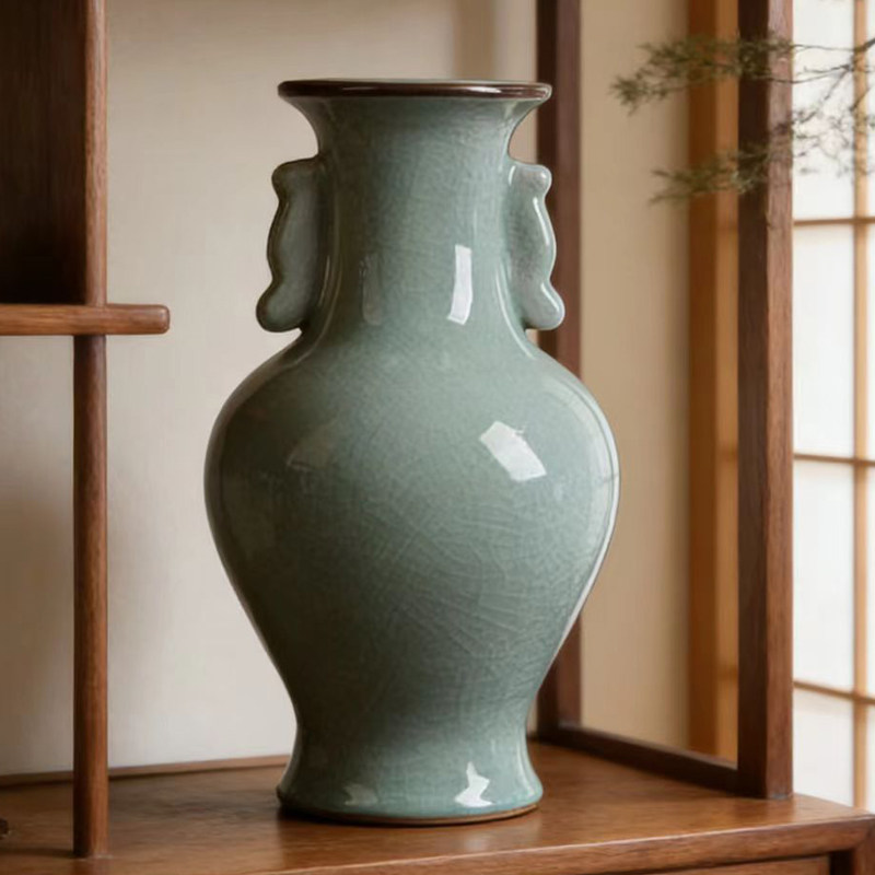 宋代官窑仿古冰裂釉瓷器景德镇花瓶双耳瓷瓶中式家居客厅插花摆件