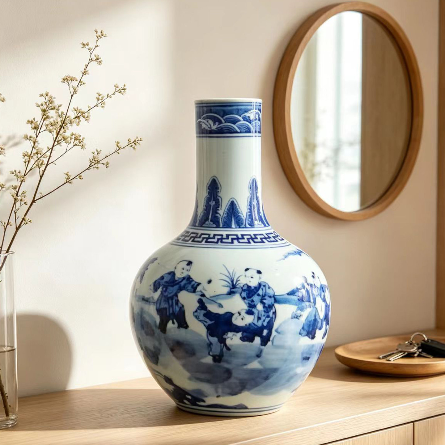仿古手绘老瓷器景德镇陶瓷青花天球瓶家居客厅插花博古架玄关摆件