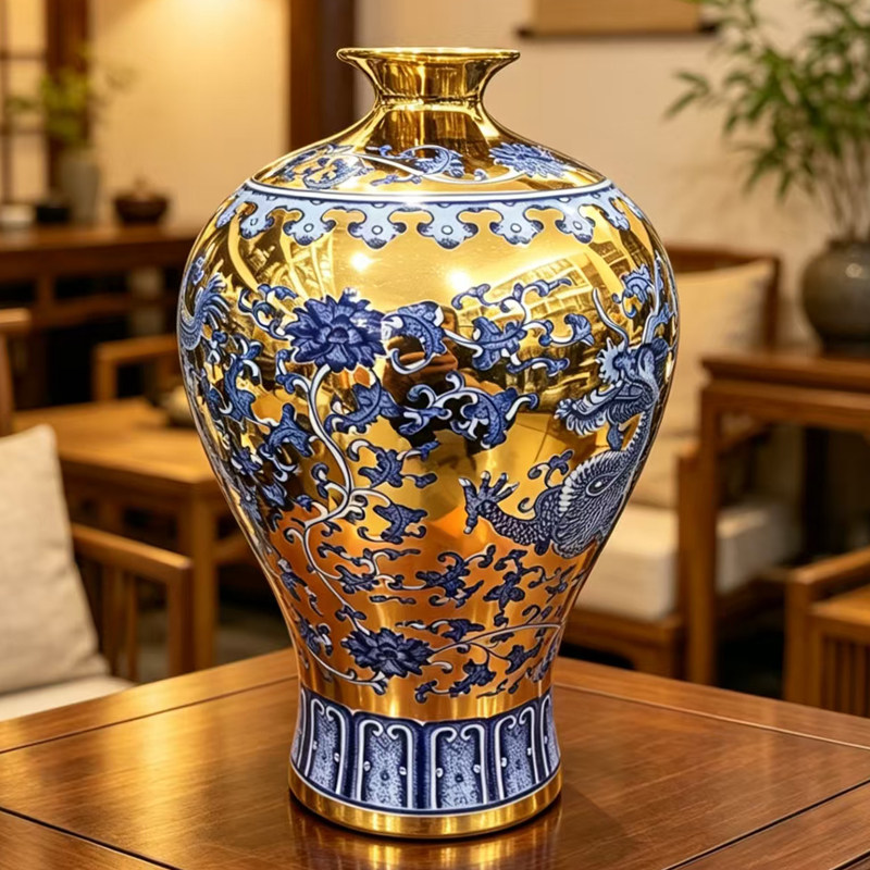 仿古青花缠枝莲花瓶景德镇陶瓷摆件中式客厅插花博古架收藏装饰品