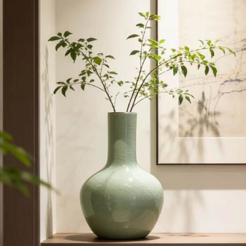 景德镇陶瓷器仿古冰裂纹天球瓶中式客厅插花博古架玄关装饰品摆件