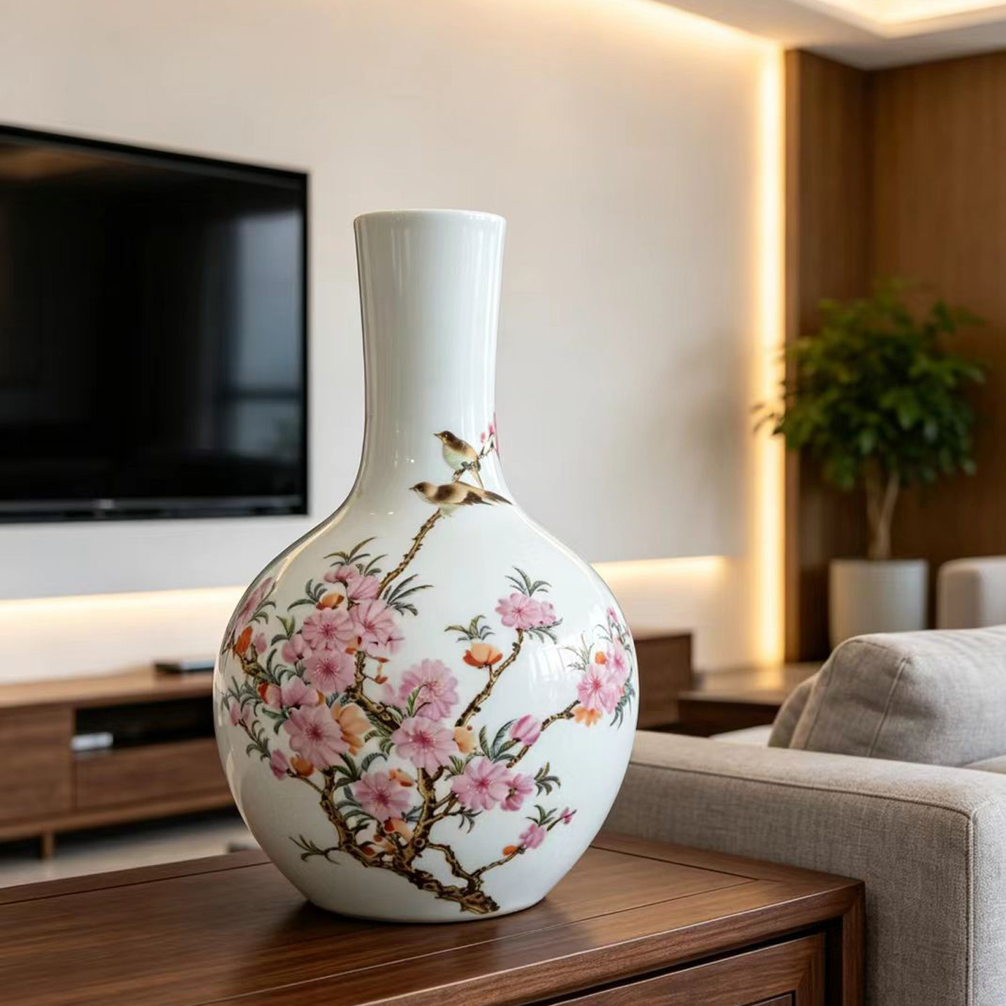 仿古粉彩桃红天球瓶景德镇陶瓷花瓶新中式家居客厅博古架书房摆件