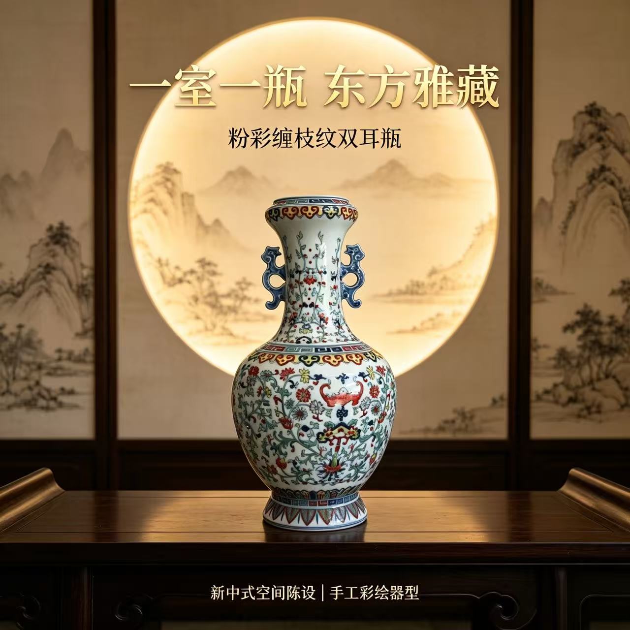 仿古老瓷器手绘斗彩青花瓷景德镇陶瓷双耳花瓶家居客厅博古架摆件