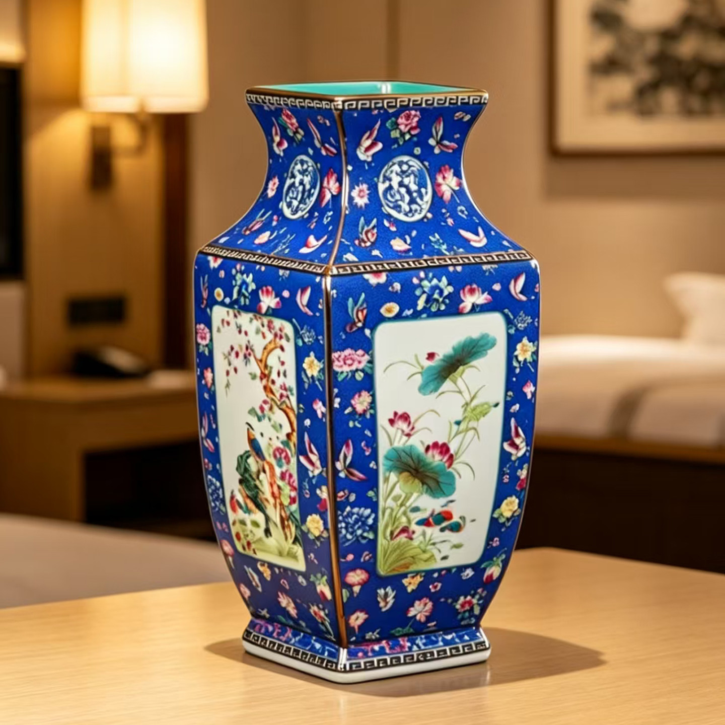 仿古珐琅彩花鸟四方瓶景德镇陶瓷高档花瓶客厅插花博古架书房摆件
