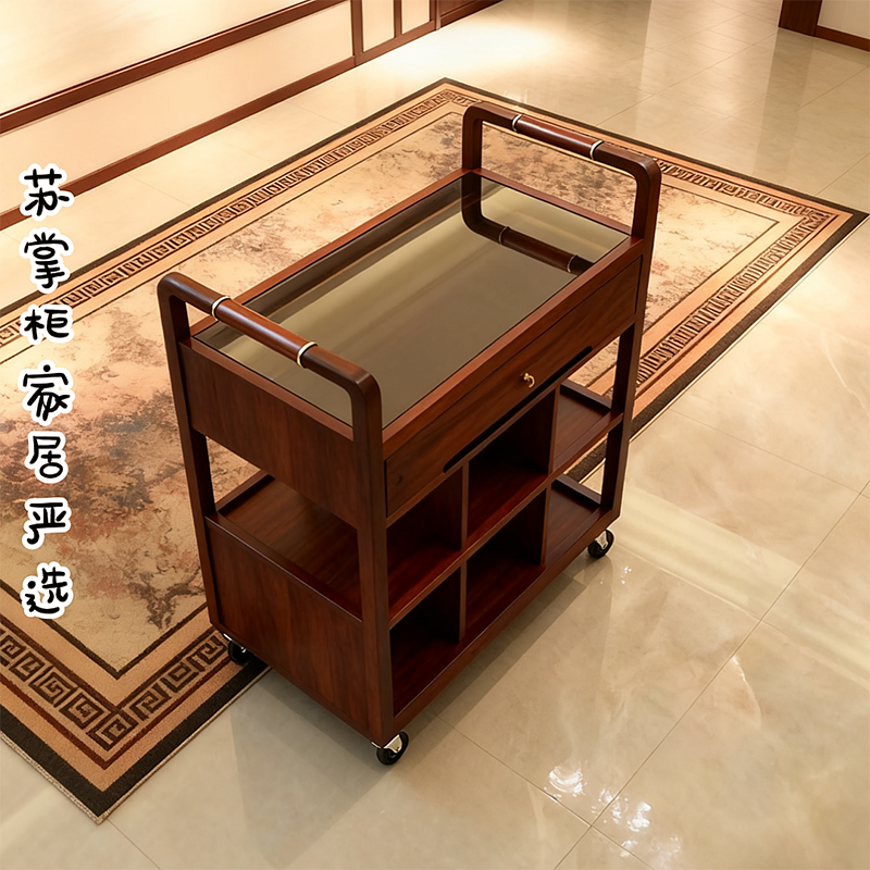 新中式实木移动边几带滚轮