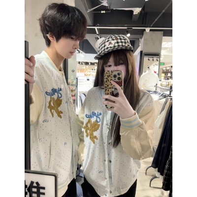 美式开衫丘比特刺绣夹克外套男