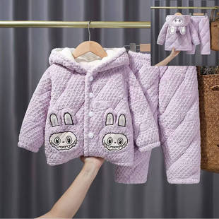 冬季新款加厚三层保暖带帽女童珊瑚绒睡衣套装法兰绒女孩家居服