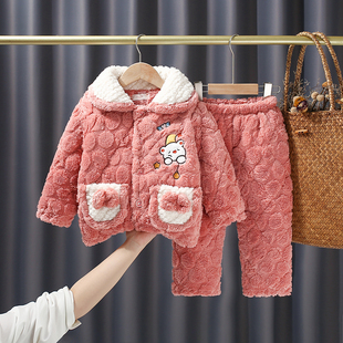 冬季新款女童珊瑚绒睡衣套装三层加厚夹棉法兰绒女孩宝保暖家居服