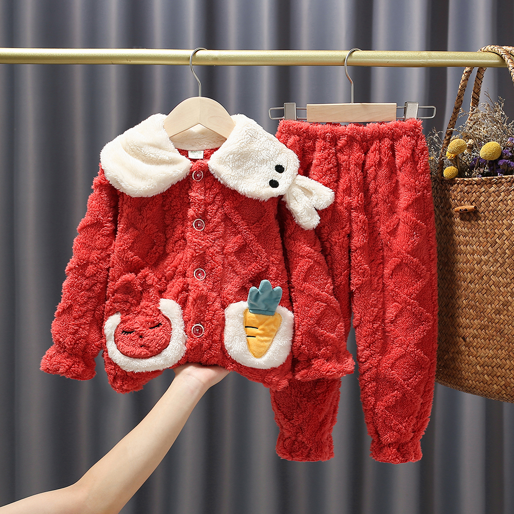 秋冬加厚保暖长毛绒母女装儿童睡衣亲子家居服中大女童珊瑚绒套装