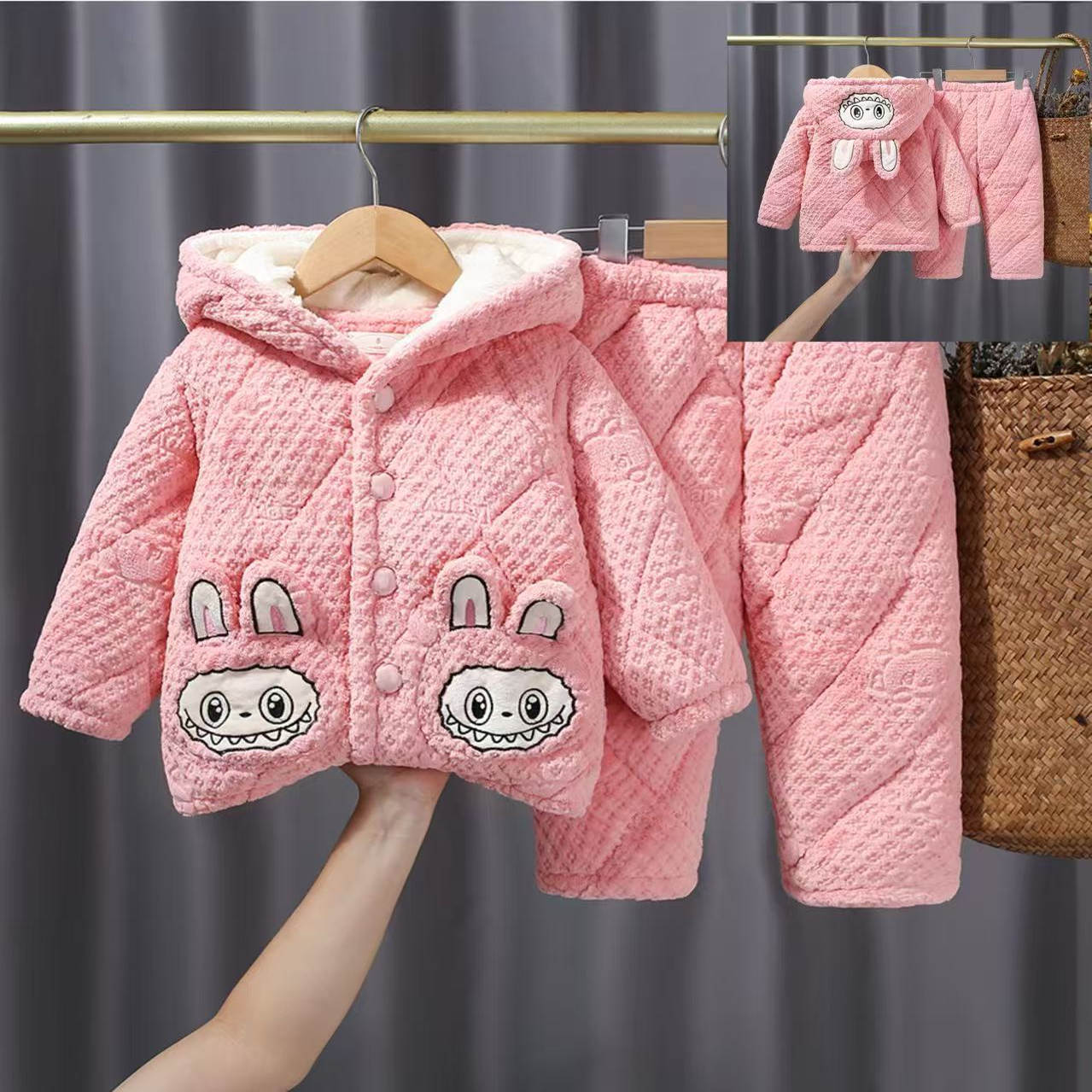 冬季可爱加厚三层保暖带帽女童珊瑚绒睡衣套装法兰绒女孩家居服