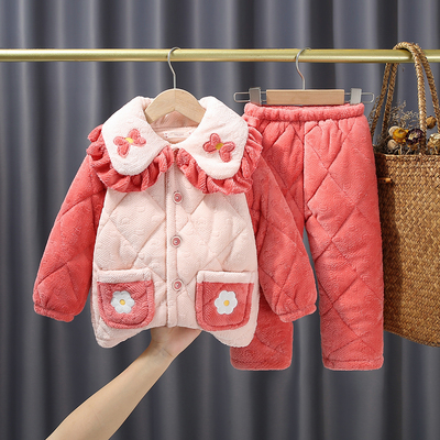 秋冬季儿童牛奶短绒三层加厚法兰绒睡衣夹棉家居服宝宝珊瑚绒套装