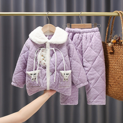 冬季儿童牛奶短绒三层加厚法兰绒睡衣夹棉家居服宝宝珊瑚绒套装