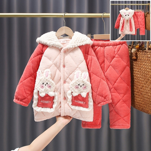 秋冬季儿童戴帽加厚款睡衣女童法兰绒夹棉中大童家居服女童珊瑚绒