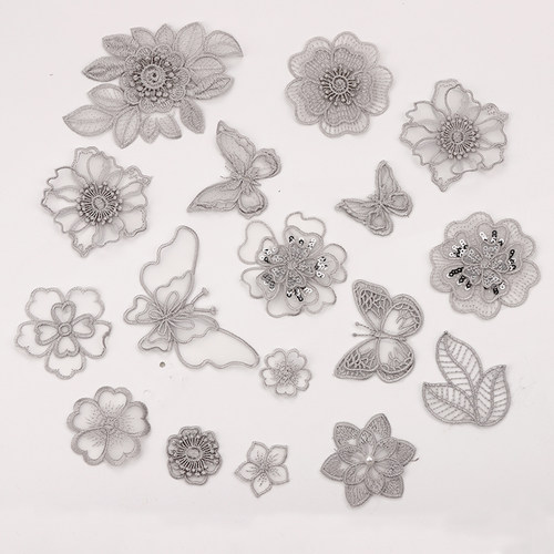 灰色蕾丝透明网纱蝴蝶图案补丁贴