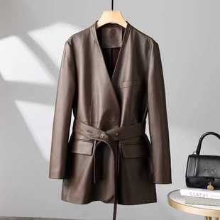 海宁皮衣女中长款 休闲夹克加棉百搭外套女 收腰无领带腰带西装