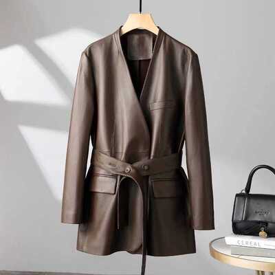 海宁无领收腰中长款百搭外套休闲