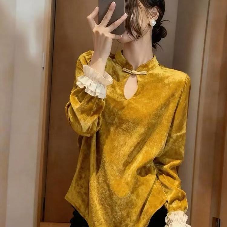 新中式卡其黄色丝绒衬衫女2025独特超好看木耳边拼接盘扣国风小衫