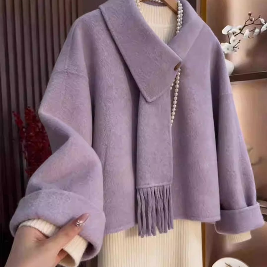 紫色围脖双面羊毛毛呢外套女冬2025新款法式高端气质短款呢子大衣,女装/女士精品,短外套,淘宝优惠券,粉丝福利购,淘宝优惠卷