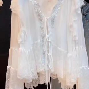 新款 女2025夏季 韩版 V领长袖 重工刺绣大版 上衣宽松衬衫 别致蕾丝衫