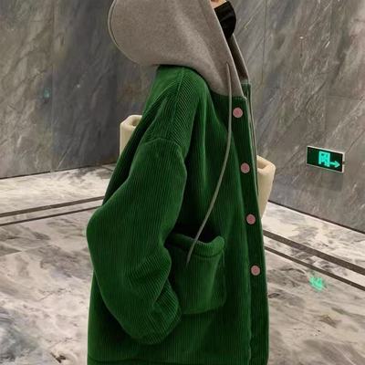 绝美巨好看的绿色灯芯绒连帽加厚卫衣外套女秋冬新款今年流行爆款
