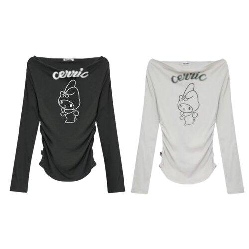 韩系辣妹一字领褶皱收腰长袖T恤