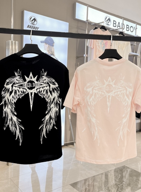 BOY高街风天使朋克翅膀印花短袖T恤男女同款圆领纯棉情侣上衣