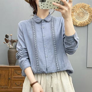 春秋新款纯棉长袖衬衫女百搭文艺蕾丝花边女士内搭衬衣打底衫上衣