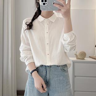 女长袖 纯棉双层棉纱设计感方领休闲衬衫 宽松文艺衬衣潮 新款 春秋装