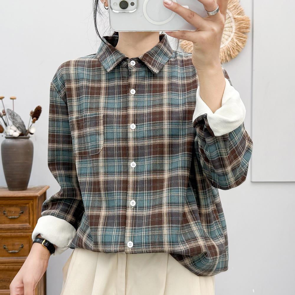 冬季新款全棉加绒格子衬衫女