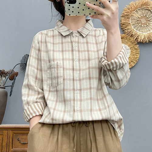 春秋新款全棉棉纱休闲慵懒风格子衬衫女长袖宽松百搭翻领纯棉上衣