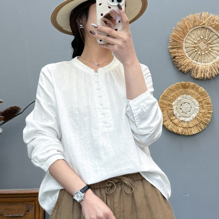 韩版文艺全棉立领棉纱长袖衬衣衬衫女白色打底衫衣2025年春装新