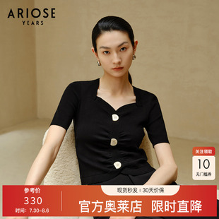 上衣秋季 艾诺丝雅诗 修身 轻薄复古方领针织衫 30718176 女简约短袖