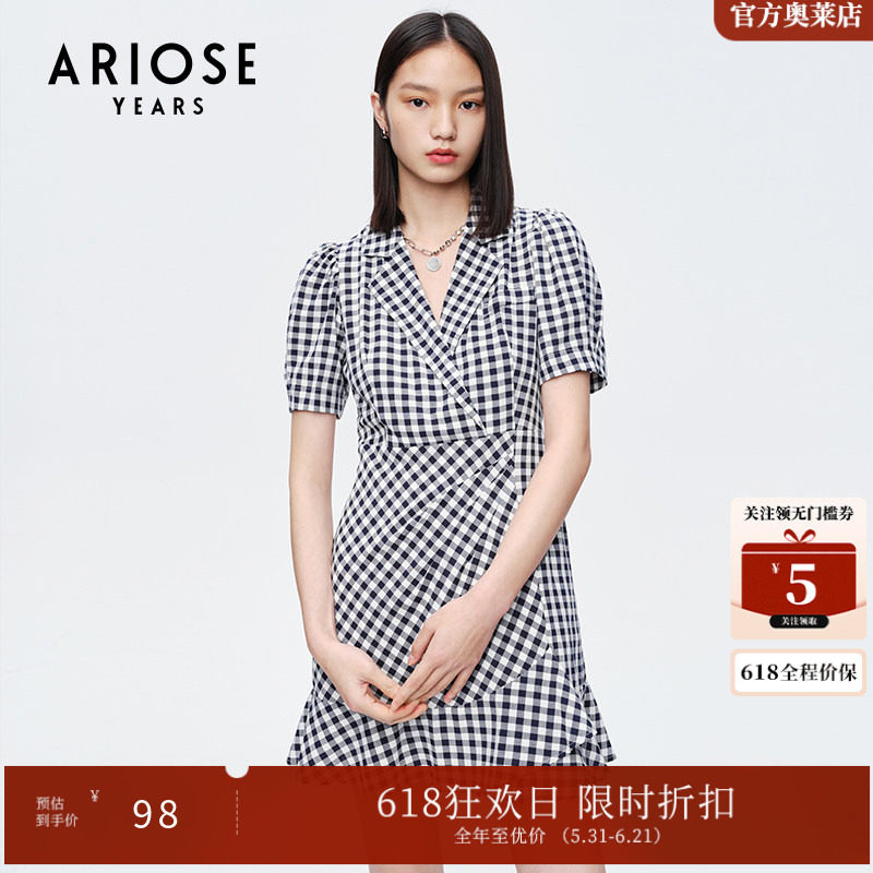 ARIOSEYEARS夏装法式轻职场短裙短袖格子西装连衣裙10519027