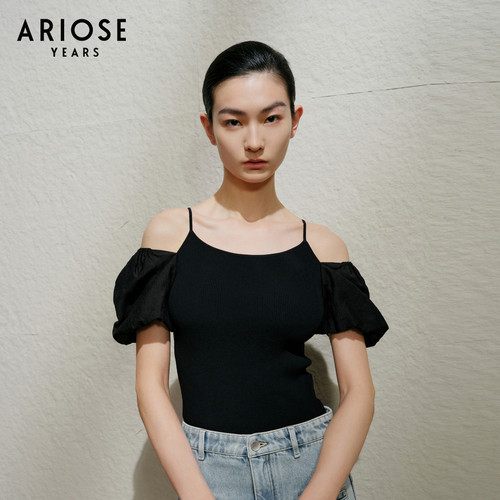 【贝贝&艾诺丝雅诗】夏季新品三醋酸露肩云朵泡泡袖女式针织衫