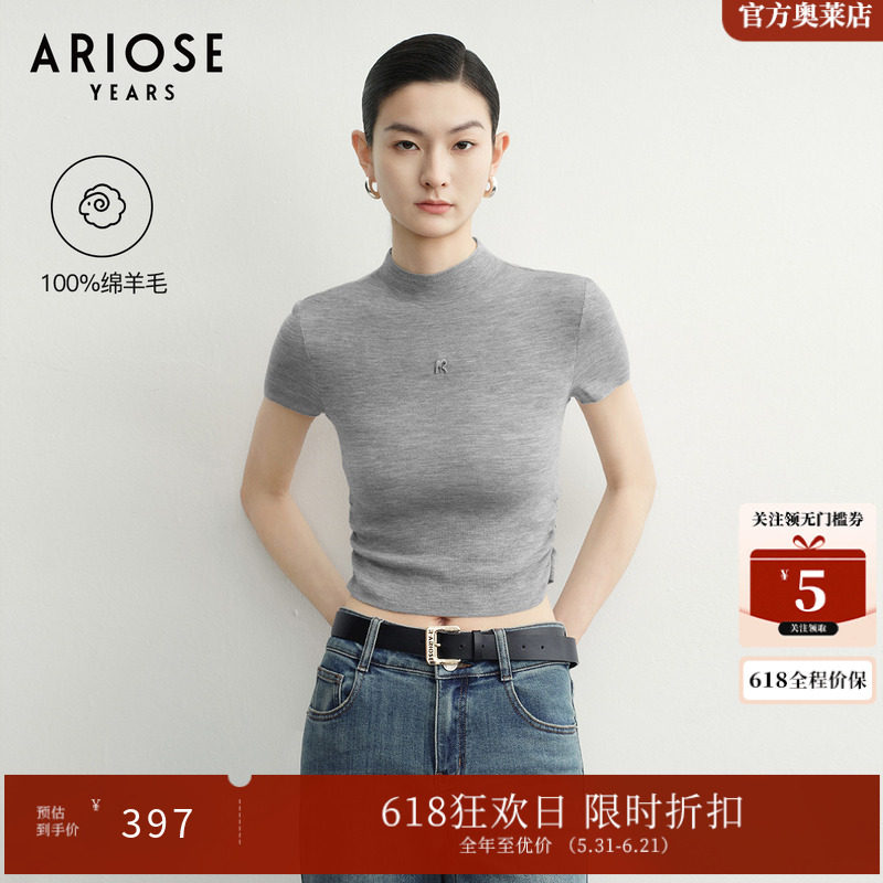 艾诺丝雅诗100%绵羊毛半高领短袖收腰抽褶针织衫女春季40728019