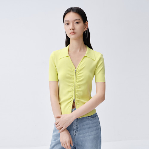 【贝贝&艾诺丝雅诗】夏季新品修身显瘦纯色休闲短款V领针织衫