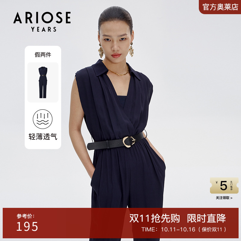 艾诺丝雅诗夏装职场高腰通勤气质雪纺无袖连体衣女10519382