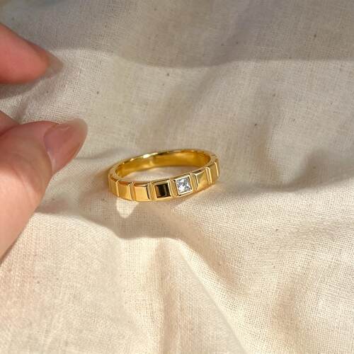 轻奢方格单钻金戒指简约宽版素圈指环高级通勤百搭不掉色女经典