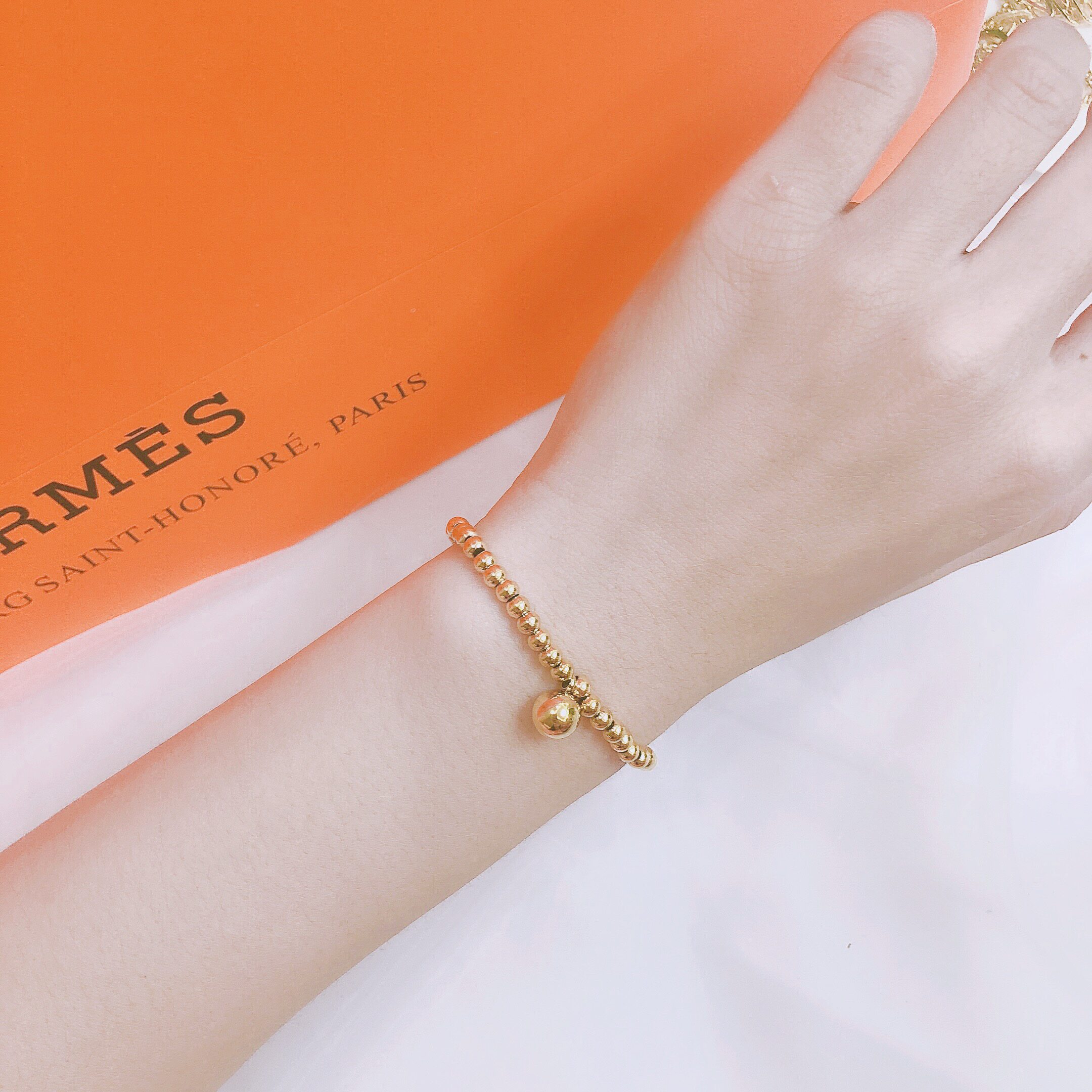 原创气质小金球弹力绳手链高保色太钢金豆豆礼物祝福情侣复古手串