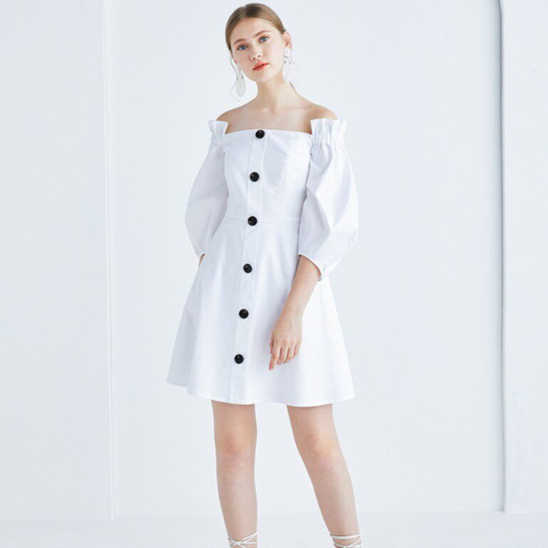 小礼服纯色复古一字肩A字裙