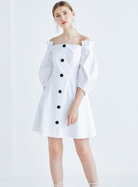 高端定制女神精品性感一字肩白色小礼服显瘦七分灯笼袖仙女连衣裙