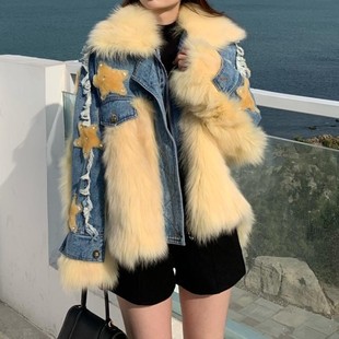 高端定制网红女神miki超重工五角星小香风牛仔派克狐狸毛皮草外套