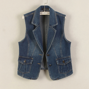 外套背心西装 春秋无袖 领收腰口袋外穿 显瘦夏新款 牛仔马甲女短款