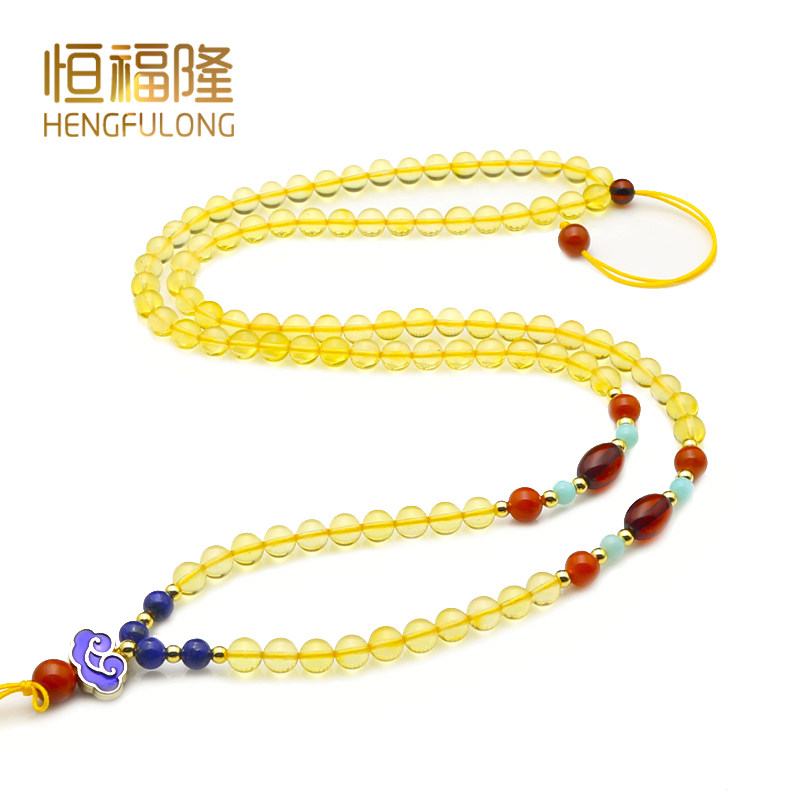 恒福隆配蜜蜡吊坠的链子挂绳天然正品琥珀金珀挂链5mm圆珠毛衣链