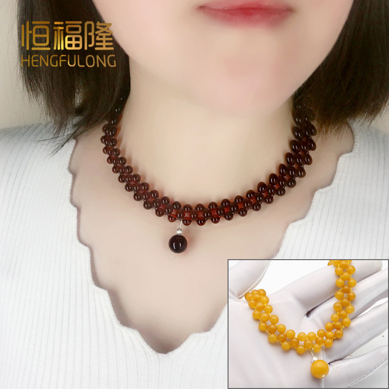 恒福隆天然蜜蜡锁骨链女正品琥珀圆珠遮挡甲状腺疤痕遮挡项链夏季