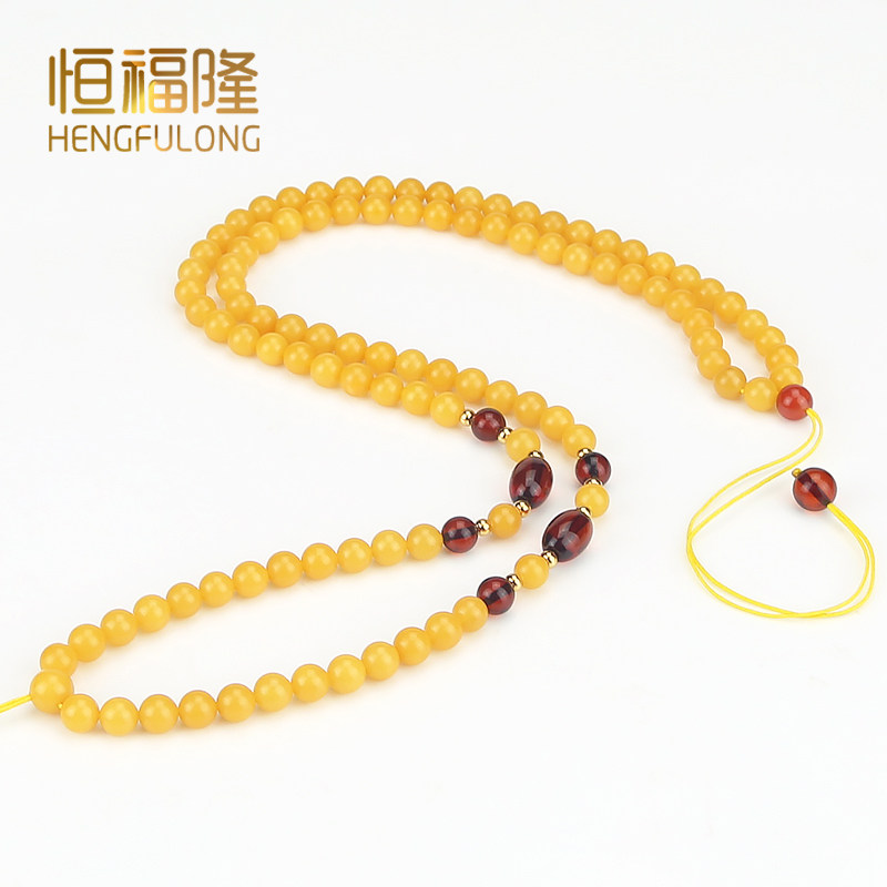 恒福隆天然蜜蜡吊坠配链挂绳5mm天然正品老鸡油黄琥珀链子毛衣链