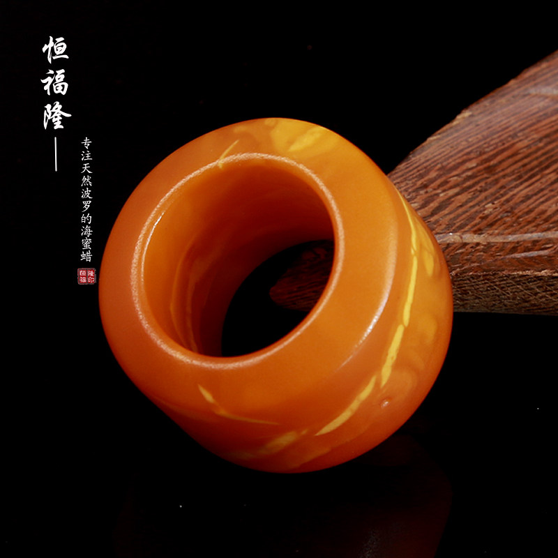恒福隆天然老蜜蜡扳指男士正品原矿鸡油红琥珀花蜡个性指环